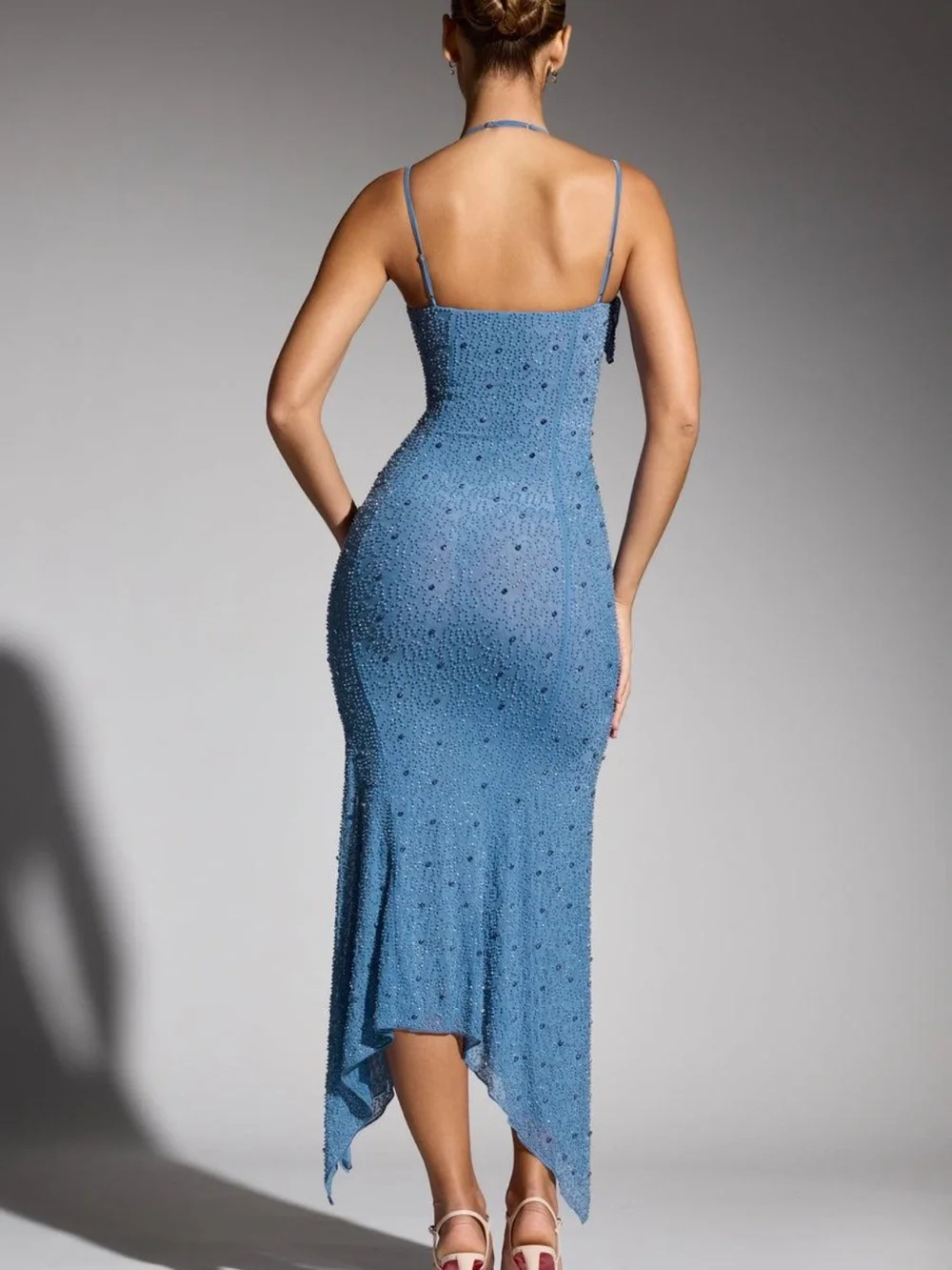 Oh Polly Embellished asymmetrical maxi dress in Smokey blue - Picture 2 of 6